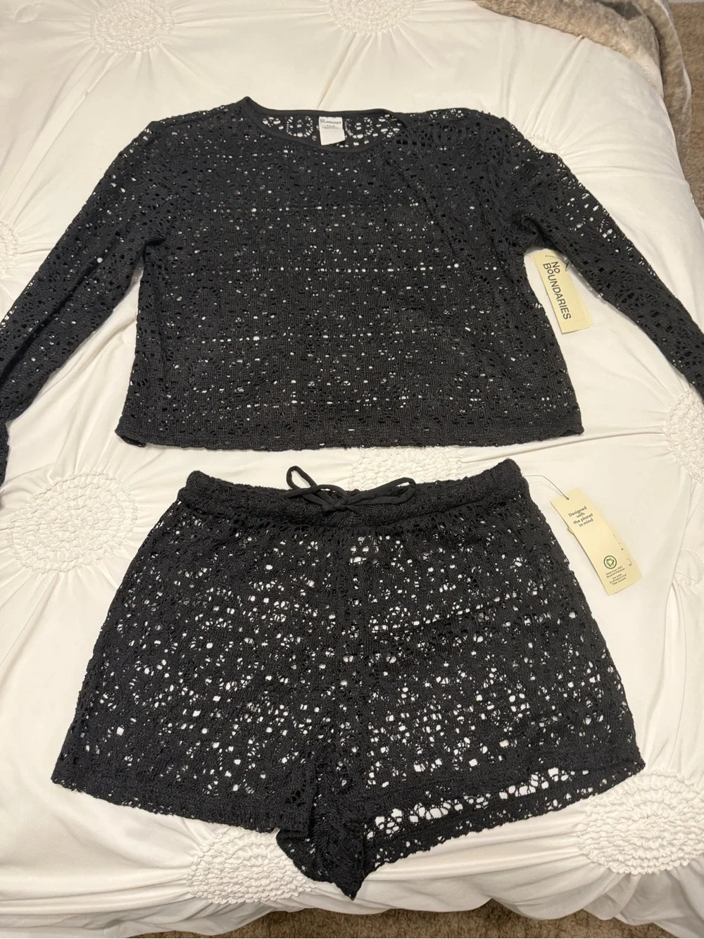 No Boundaries Black Crochet Two-Piece Lounge Set. Shorts XS.. too Small.